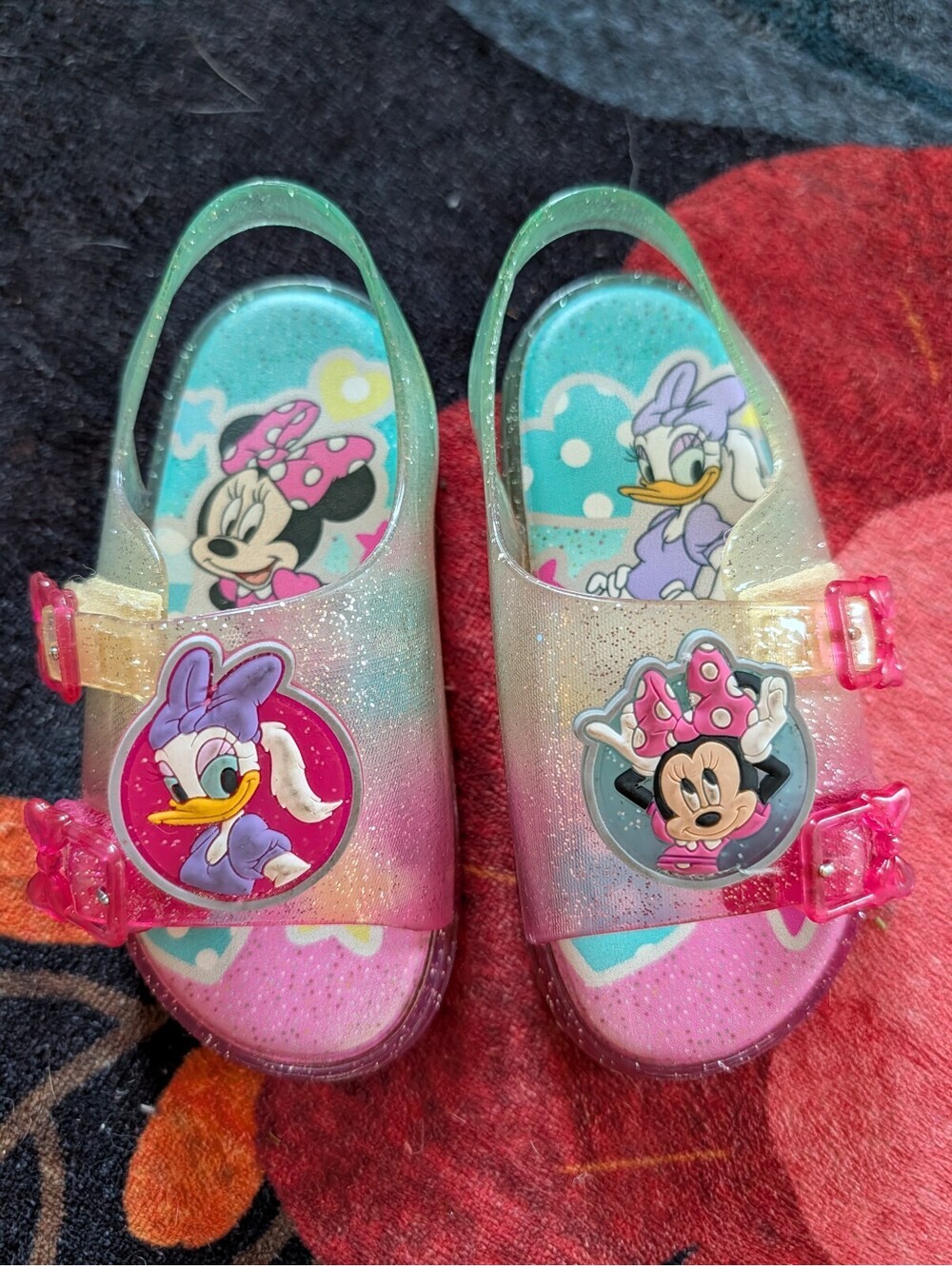 Disney Minnie and Daisy Toddler Sandals Glitter Pink and Green